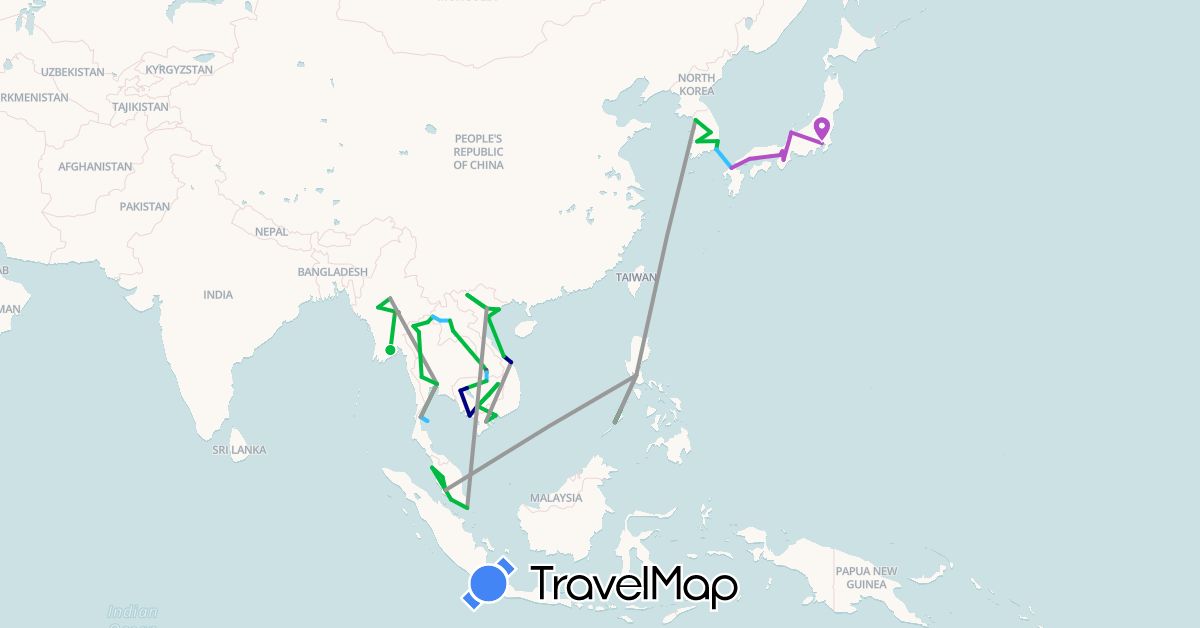 TravelMap itinerary: driving, bus, plane, train, hiking, boat, motorbike in Japan, Cambodia, South Korea, Laos, Myanmar (Burma), Malaysia, Philippines, Singapore, Thailand, Vietnam (Asia)